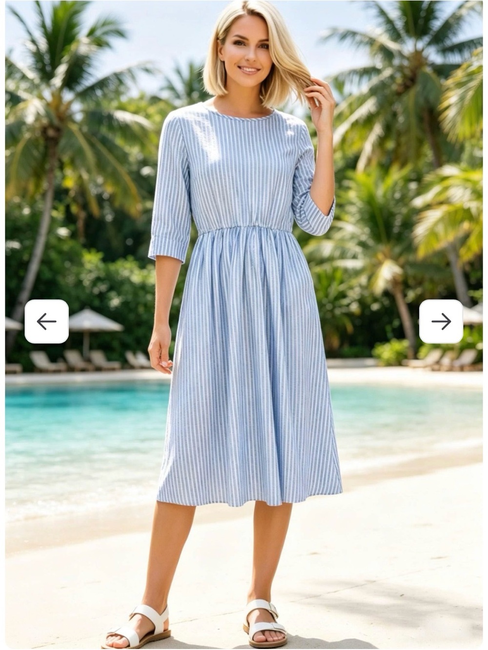Blue and White Striped Lightweight Midi Dress with Gathered Waist Size Medium